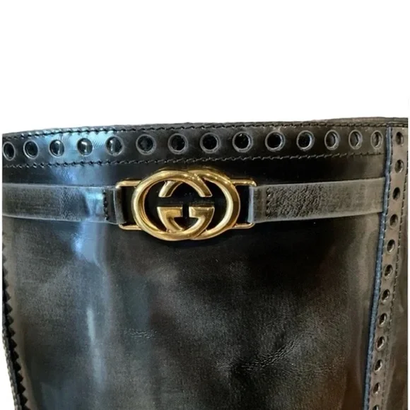 GUCCI GG BLACK/GRAY PATENT LEATHER BOOTS, SIZE 37.5